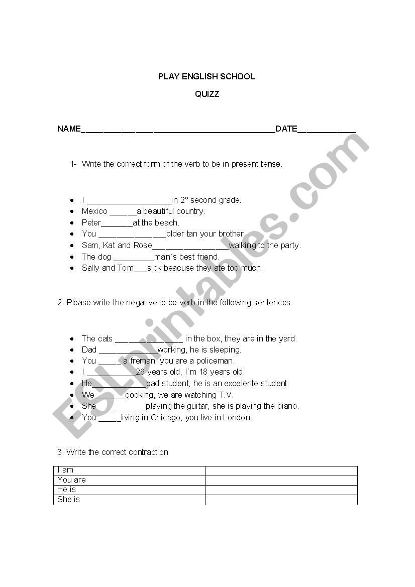 TO BE CONTRACTIONS QUIZZ worksheet