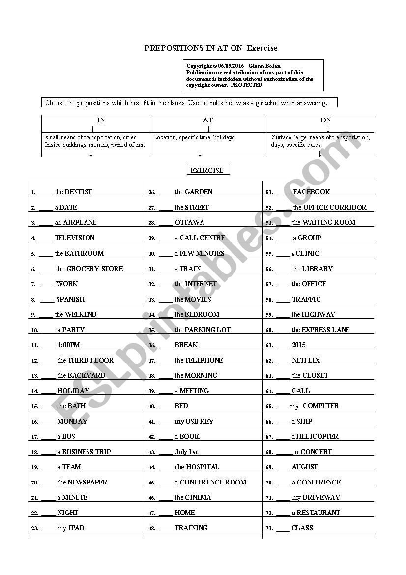 Prepositions in-at-on worksheet