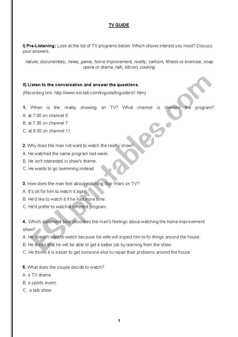 Extra Listening - TV Guide worksheet