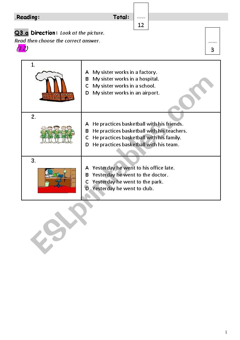 ESl Reading and Writing Exam worksheet