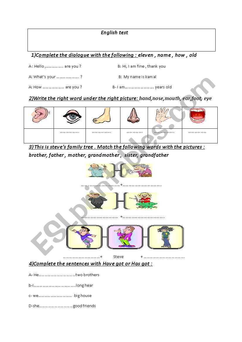 elementry english test worksheet