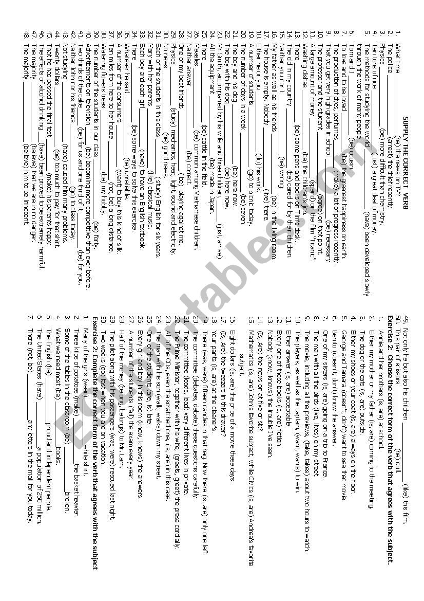 SUBJECT AND VERB AGREEMENT worksheet SUBJECT AND VERB AGREEMENT worksheet