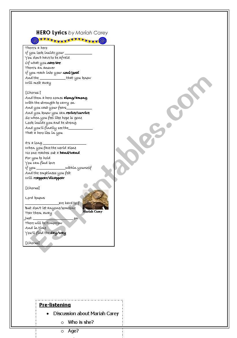 Hero song worksheet worksheet