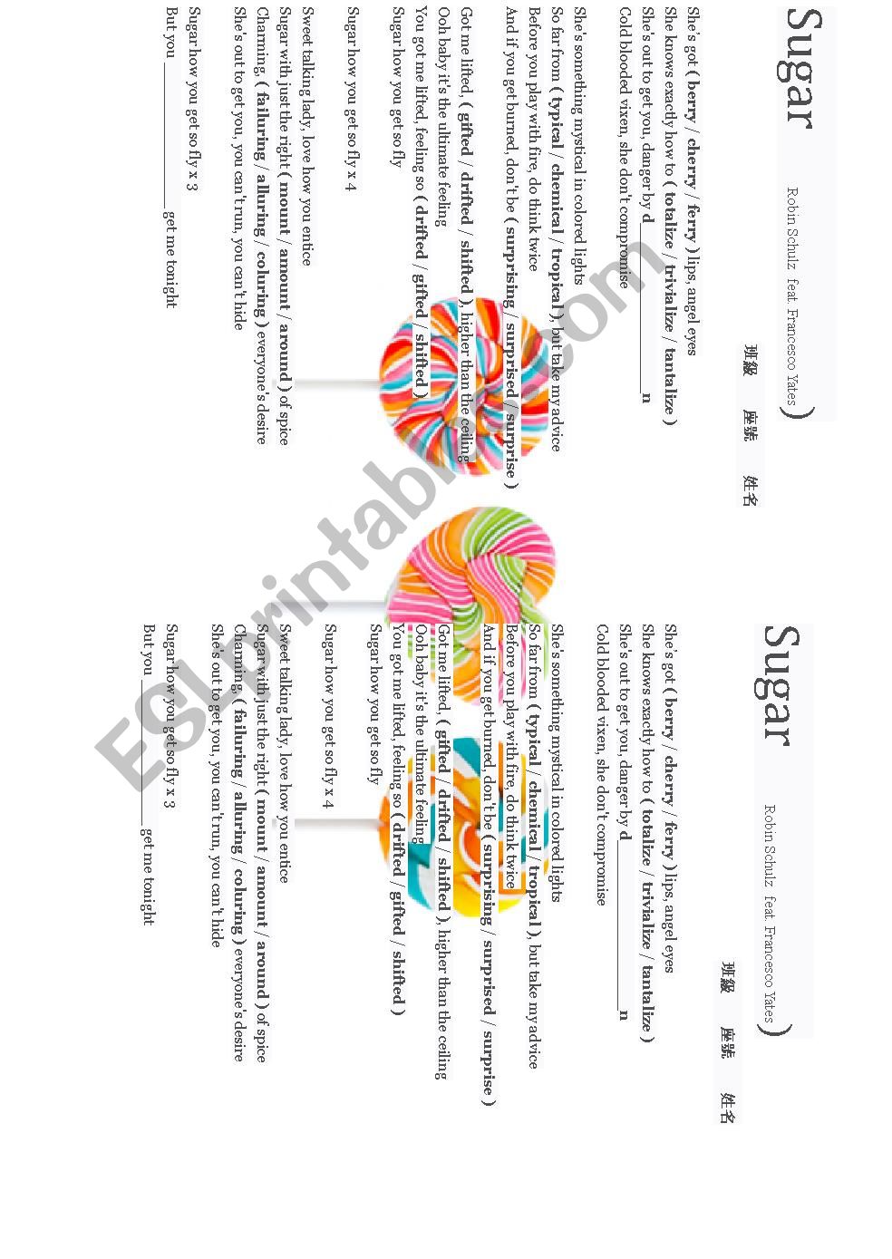 Song Worksheet Robin Schulz Sugar Esl Worksheet By Nikkichow99