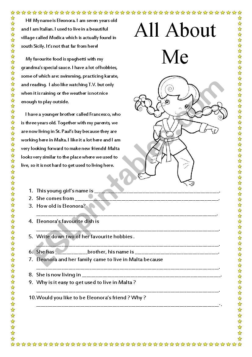 All about me- comprehension  worksheet