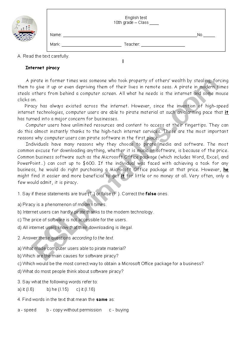 Test - Internet Piracy worksheet