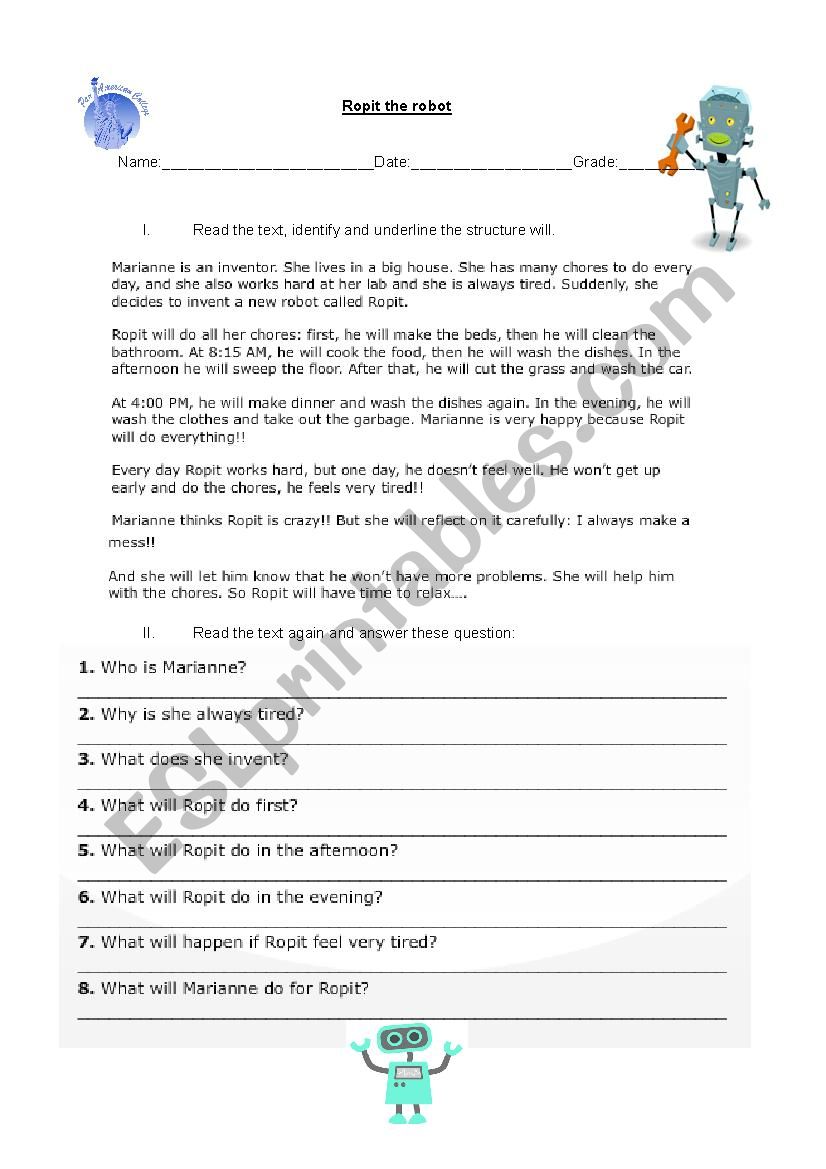 Ropit the robot worksheet