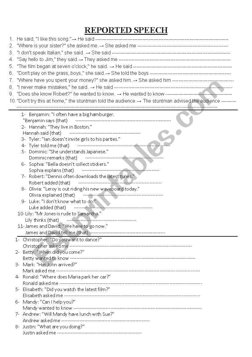 Reported speech  worksheet