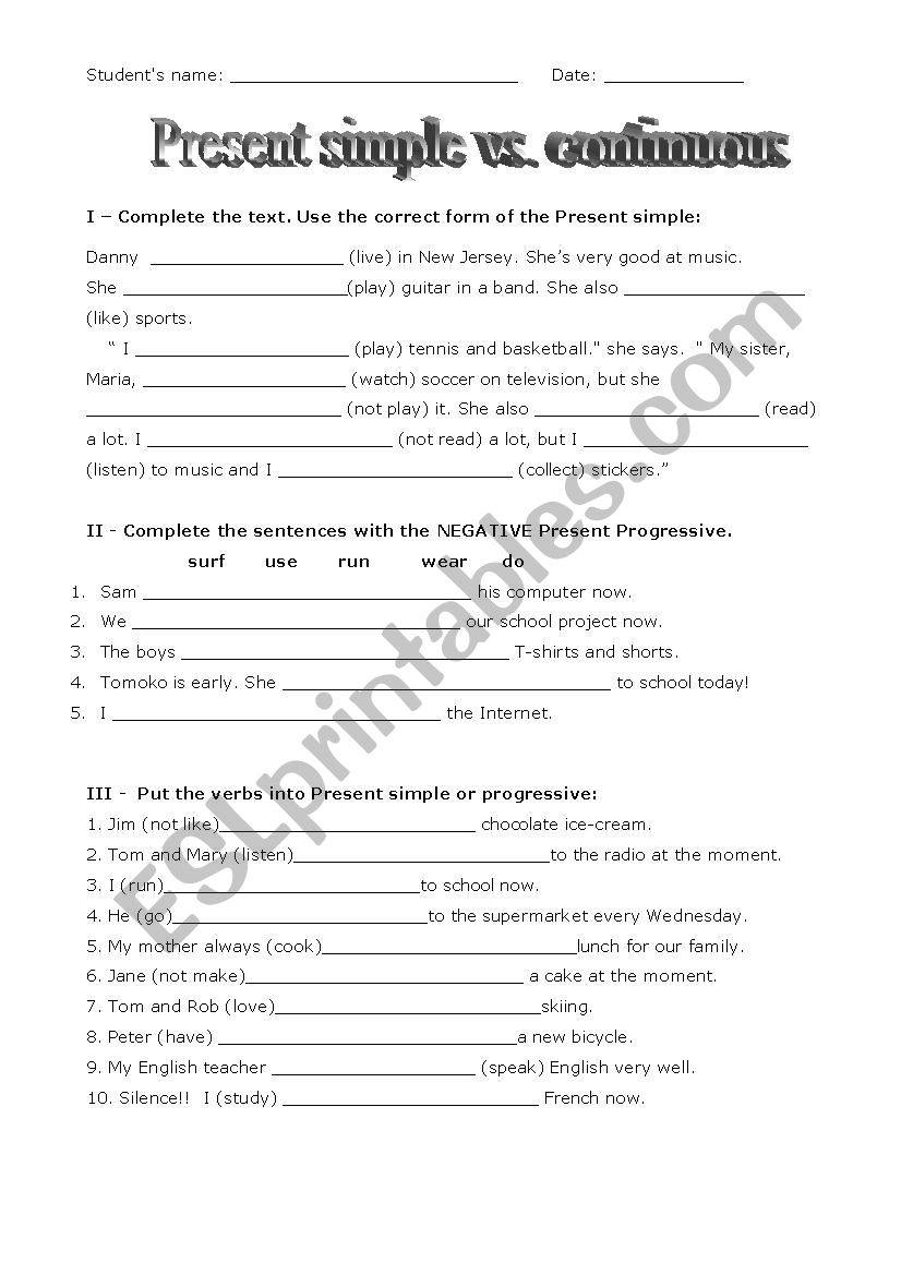 Present continuous or simple worksheet