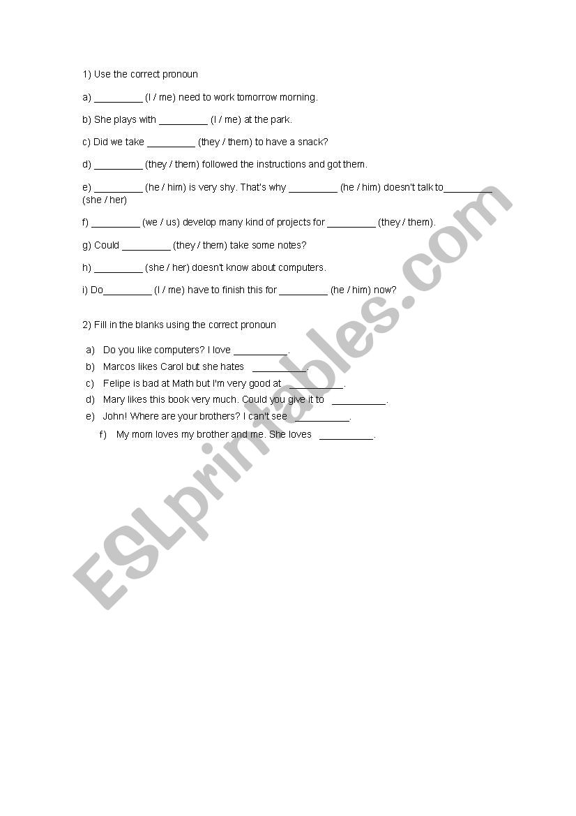 Pronouns exercise. worksheet