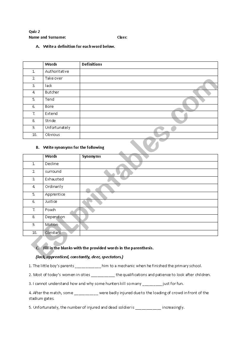 Vocabulary Quiz worksheet
