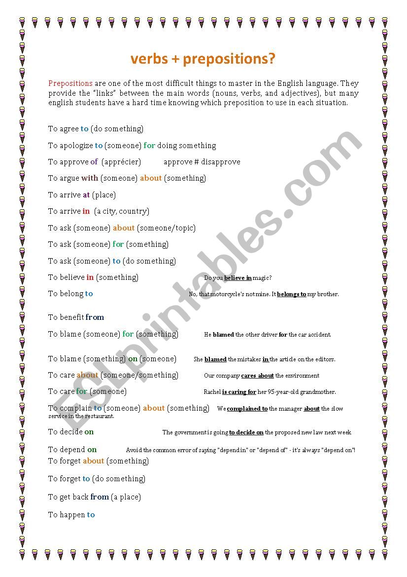 verbs+prepositions worksheet