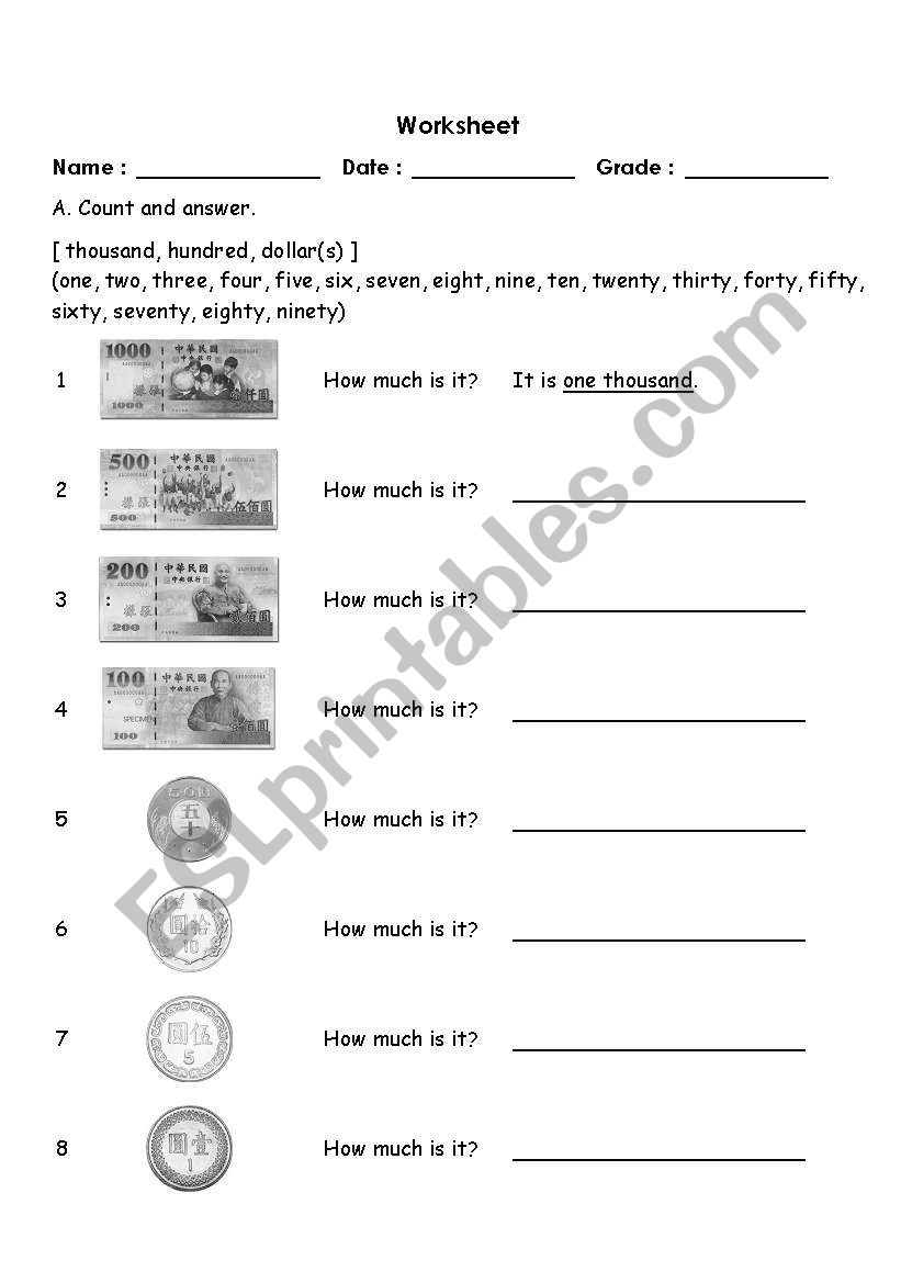 Learning Taiwanese Dollars worksheet