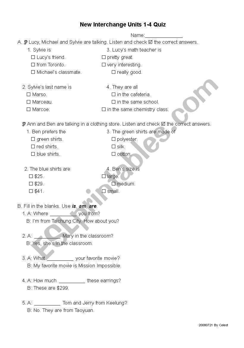 New Interchange Book 1 Uints 1-4 Quiz