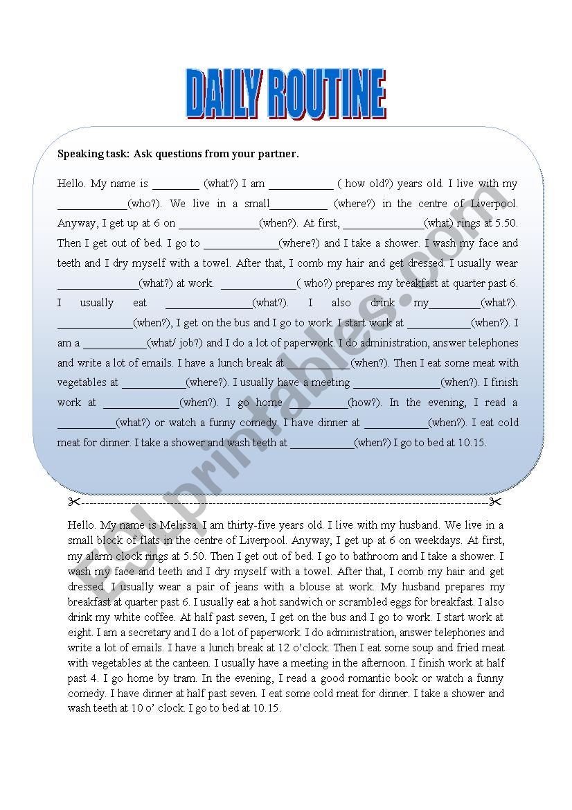 Daily routine-speaking tasks worksheet