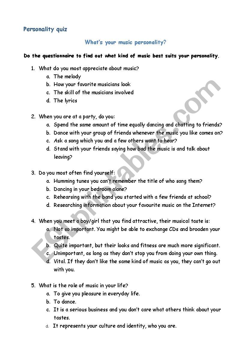 Music personality quiz worksheet