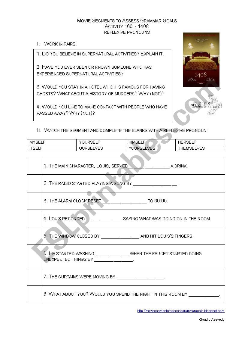 reflexive pronouns 1408 movie worksheet