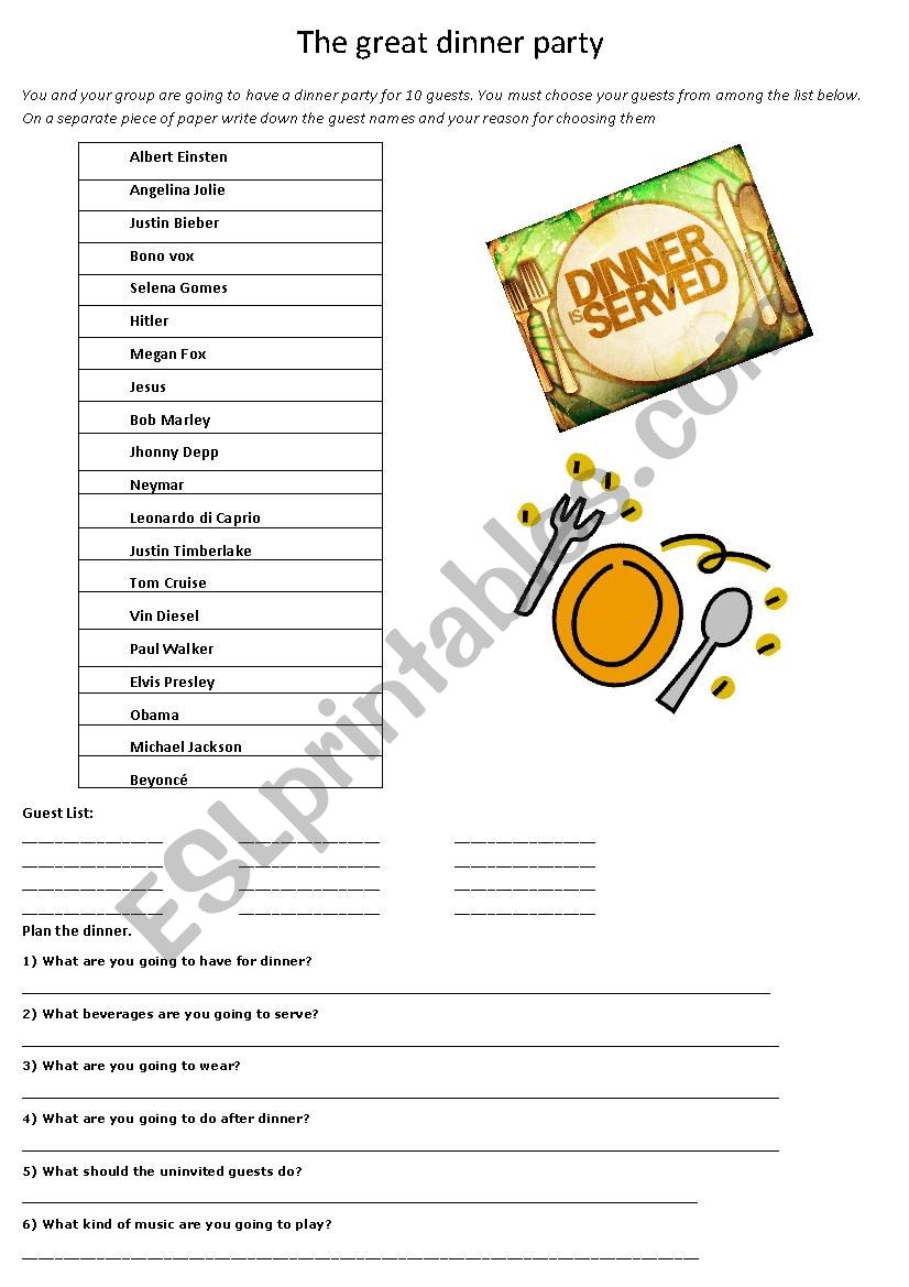 The great dinner party worksheet