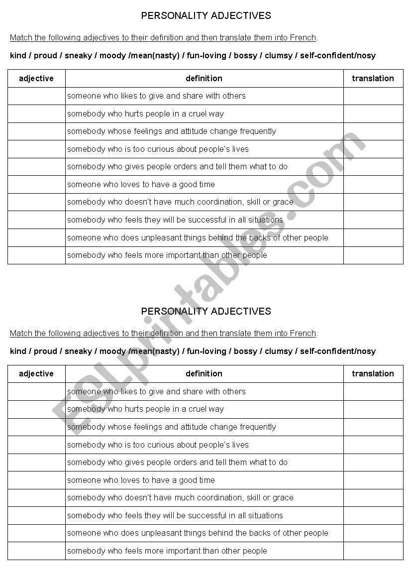 personality adjectives worksheet