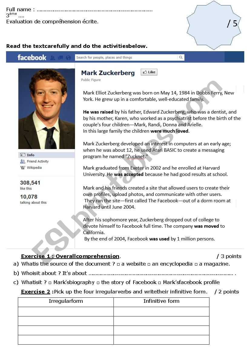 Reading comprehension : Mark Zuckerberg