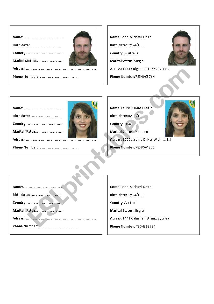 Completing ID cards worksheet