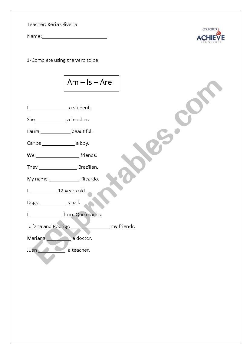 VERB TO BE worksheet