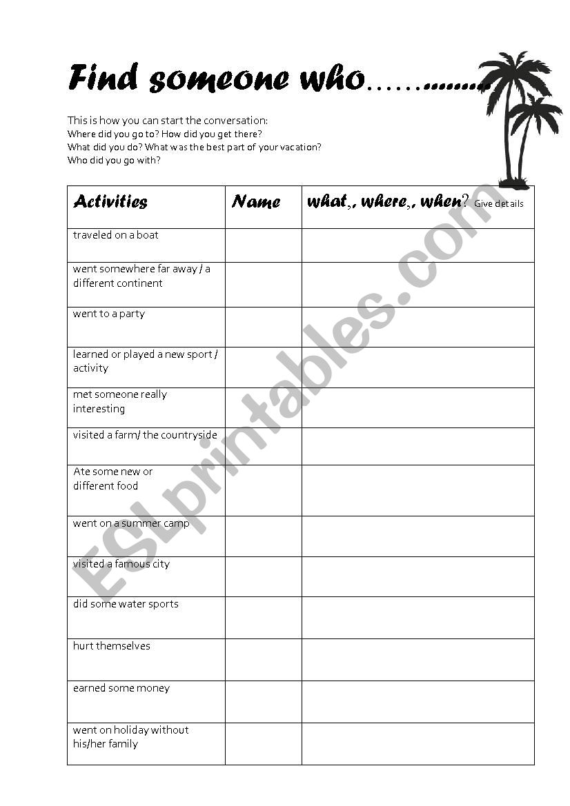 Find someone who vacation worksheet
