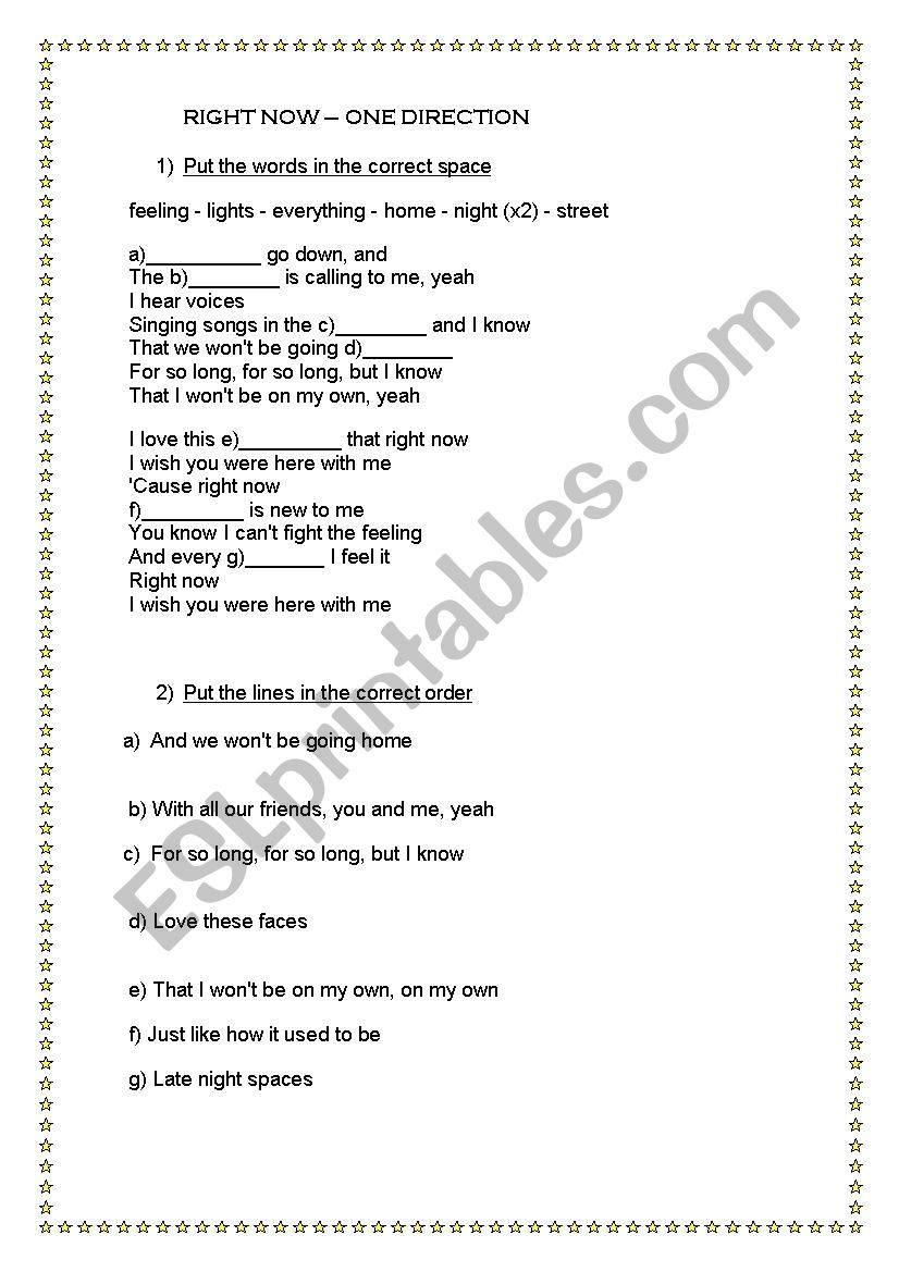 Right Now - One Direction worksheet