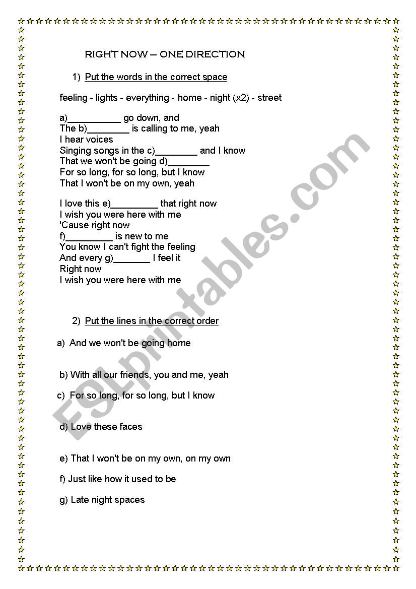 Right Now - One Direction worksheet