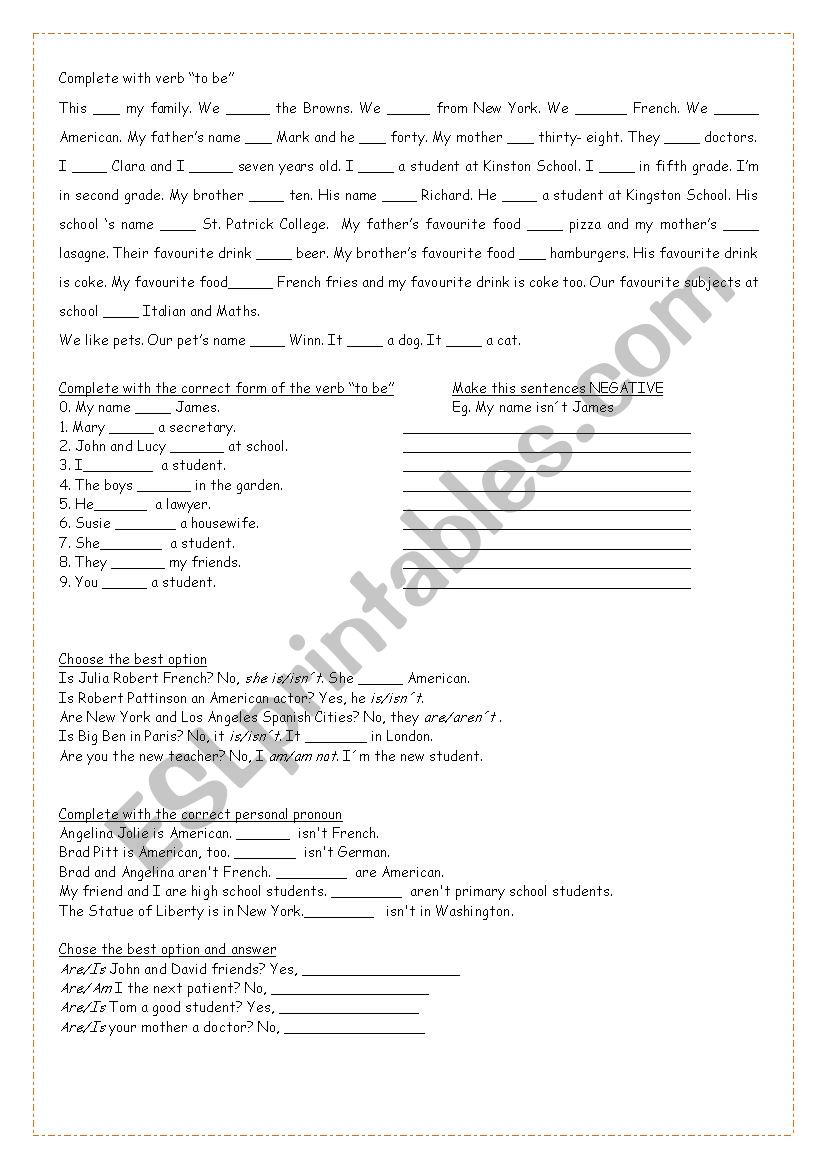 Verb to be worksheet