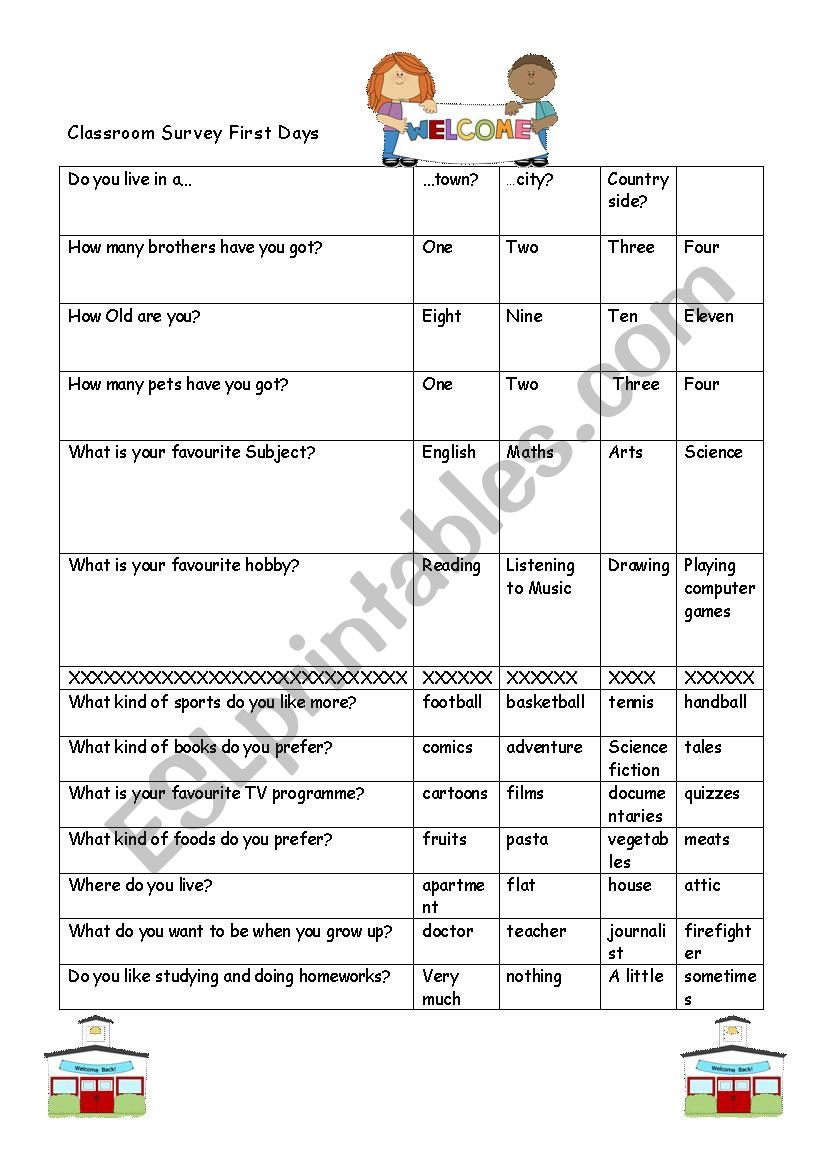 Class Survey First days worksheet