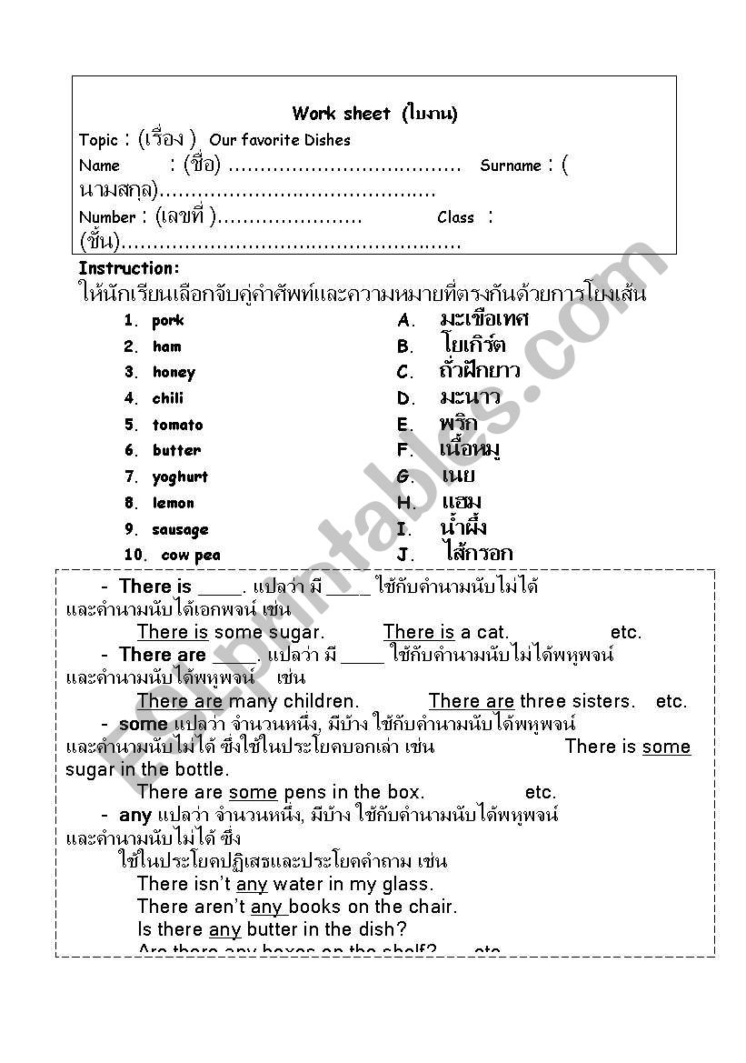 our favorit dish worksheet