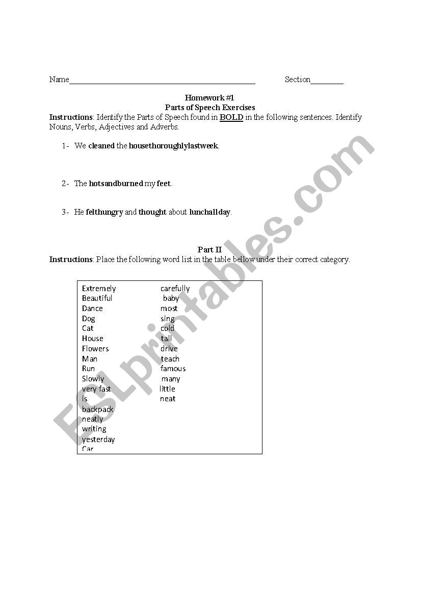 Parts of Speech Exercises worksheet