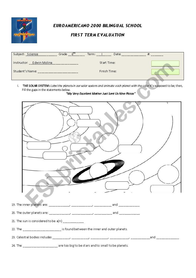 planets worksheet