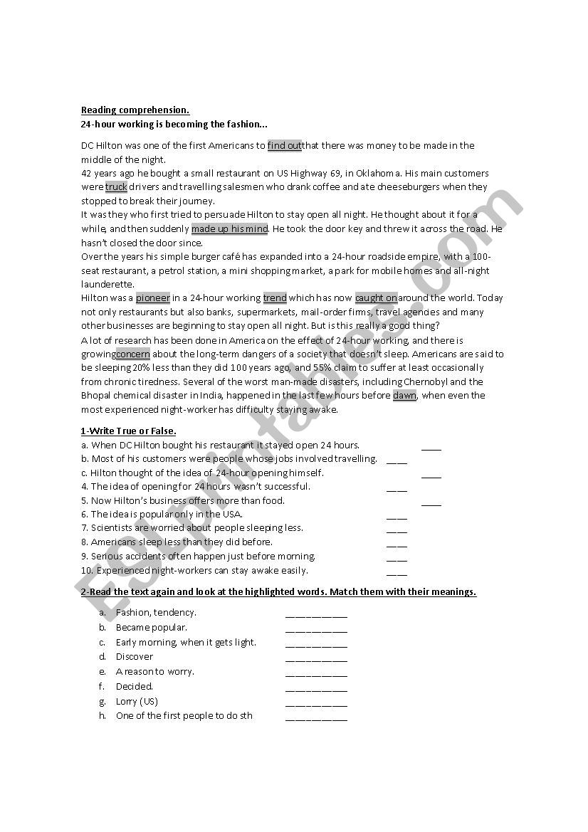 Reading comprehension worksheet
