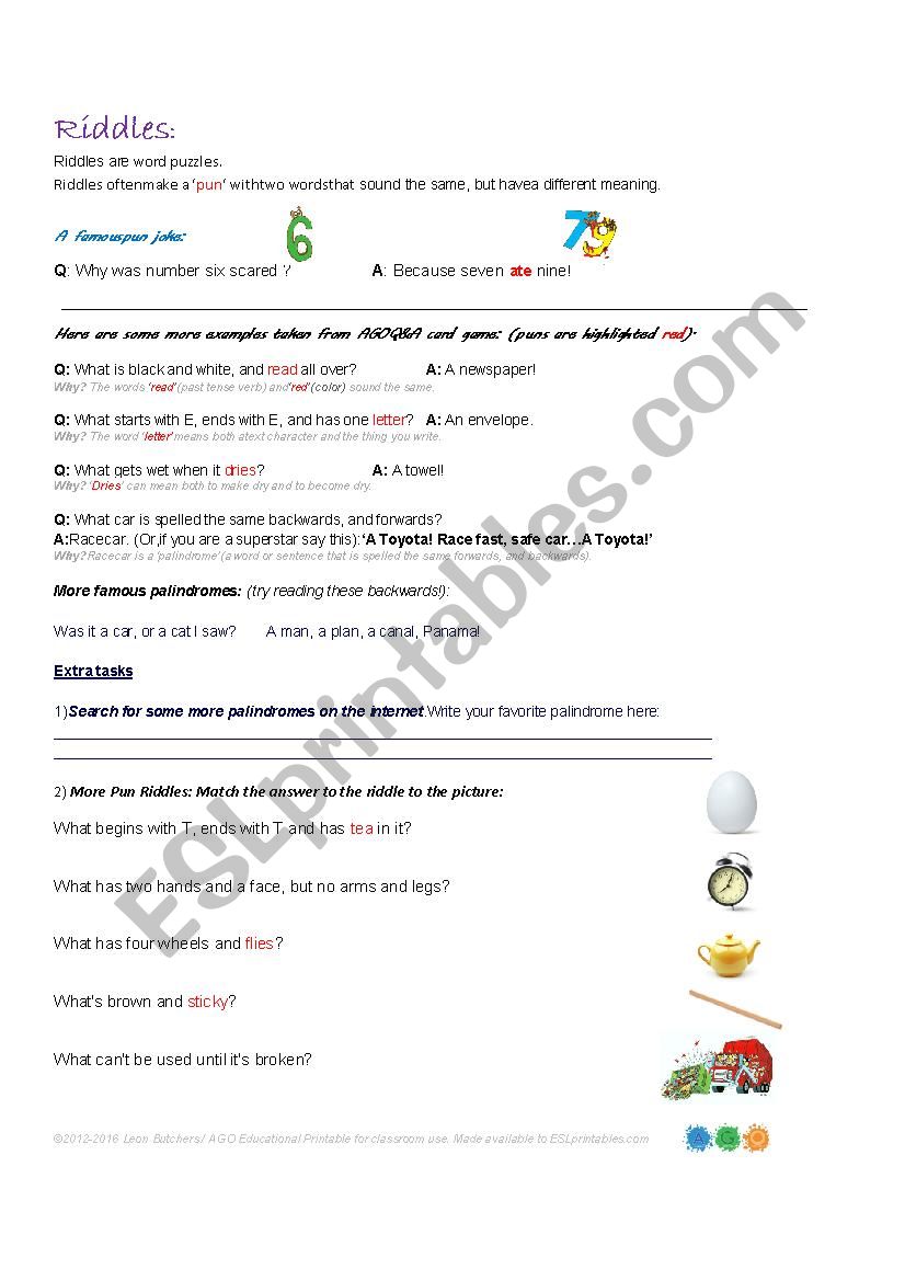 Riddles, Puns and Palindromes worksheet