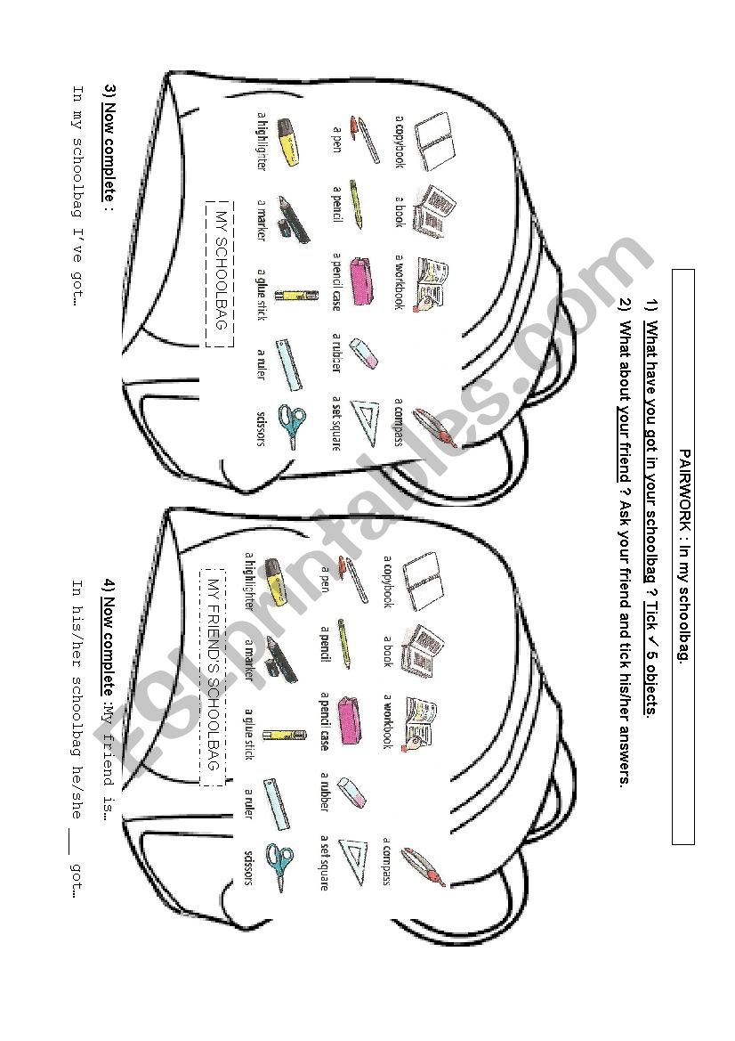 SCHOOL THINGS - PAIRWORK worksheet