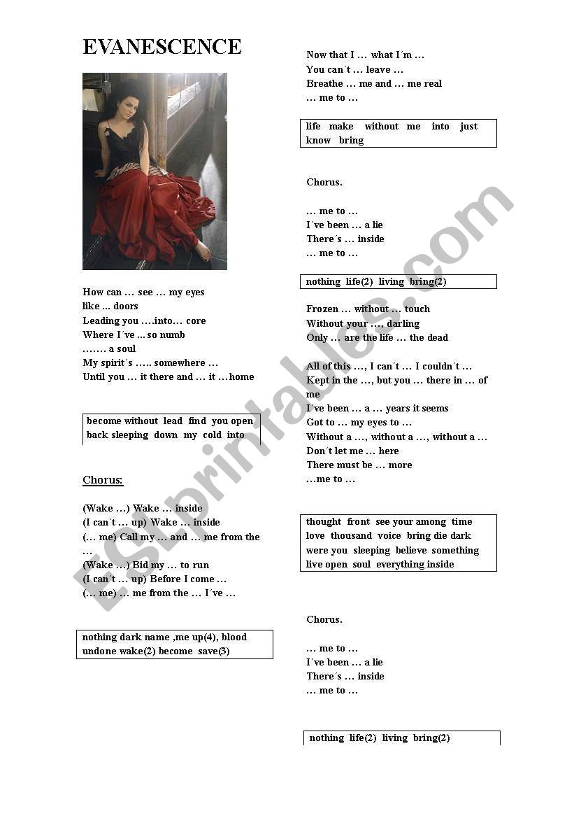 song  of evanescence worksheet