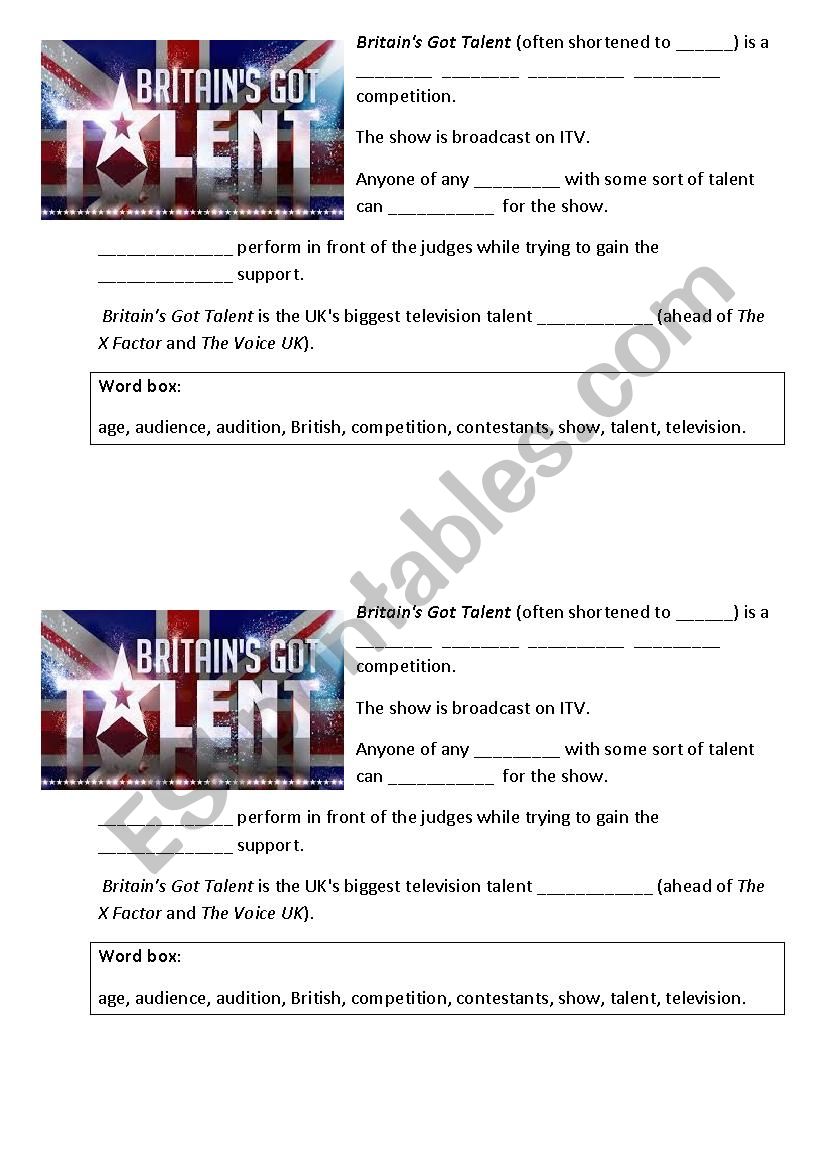 Britains go talent  worksheet
