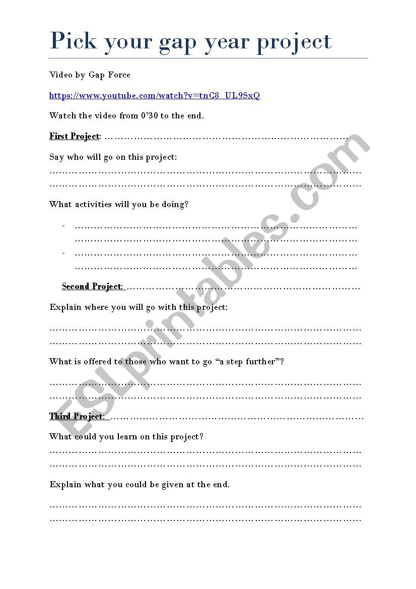 Pick your gap year project worksheet