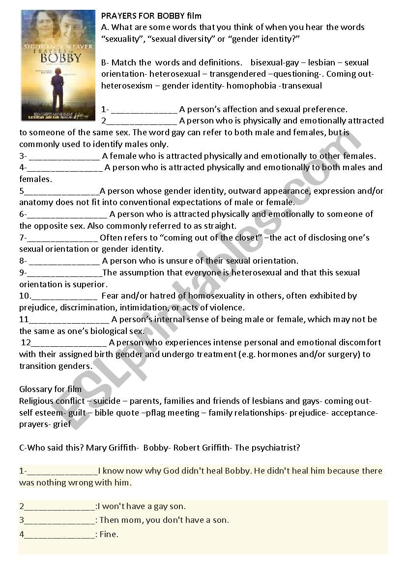 Prayers for Bobby Film worksheet