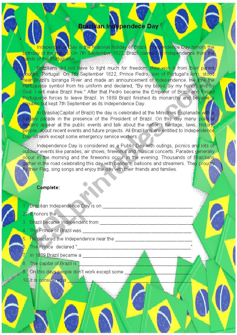 Brazilian Idependence day worksheet