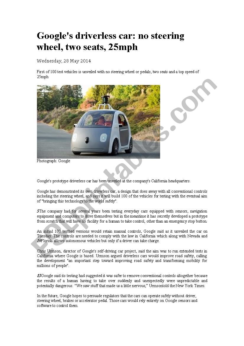 Driverless cars worksheet