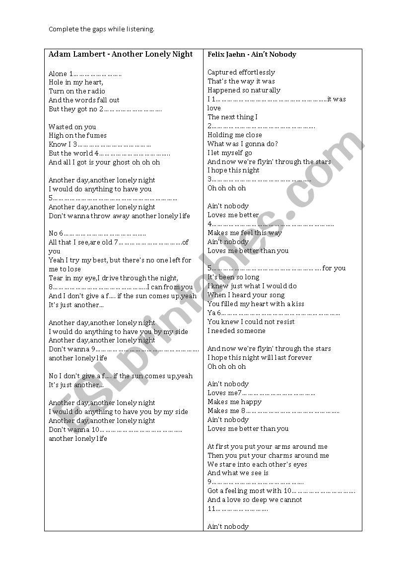 Songs. worksheet