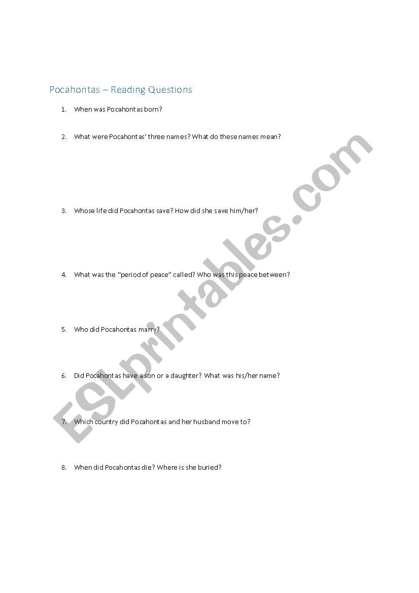 Pocahontas Comprehension Questions