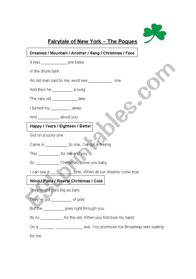 Fairytale of new york worksheet
