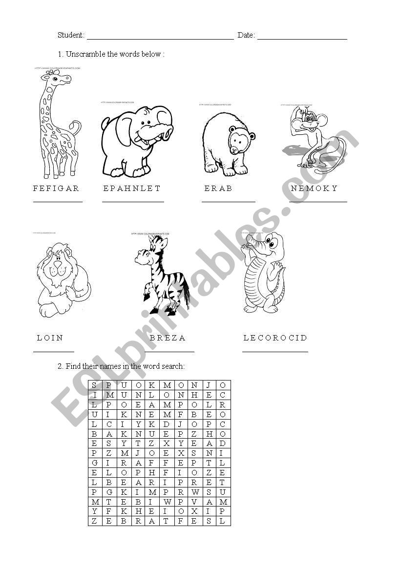 Animals word search worksheet