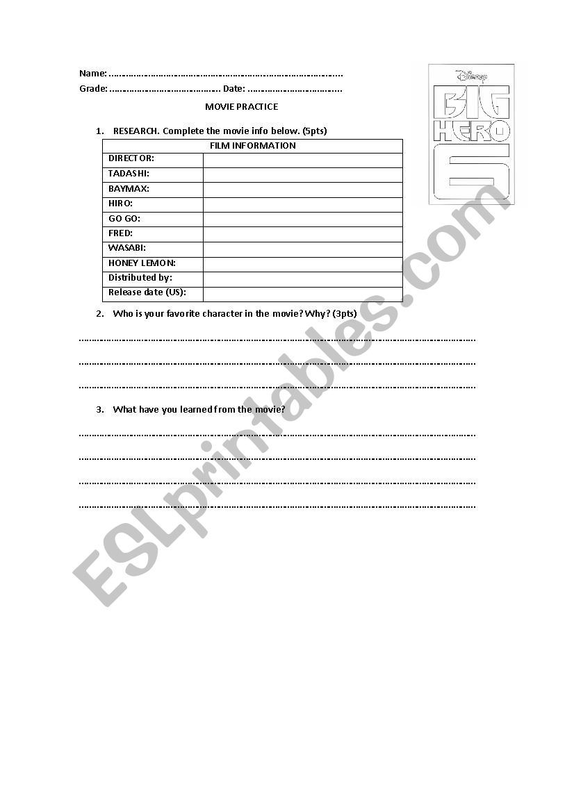 BIG HERO worksheet