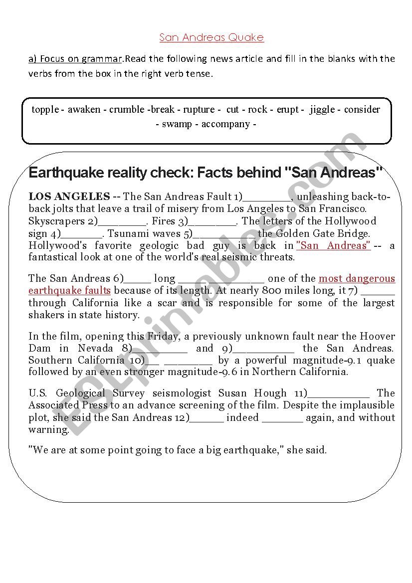 San Andreas Quake Movie Worksheet