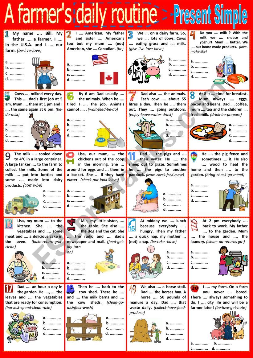 A farmer´s daily routine present simple. + KEY. ESL worksheet by
